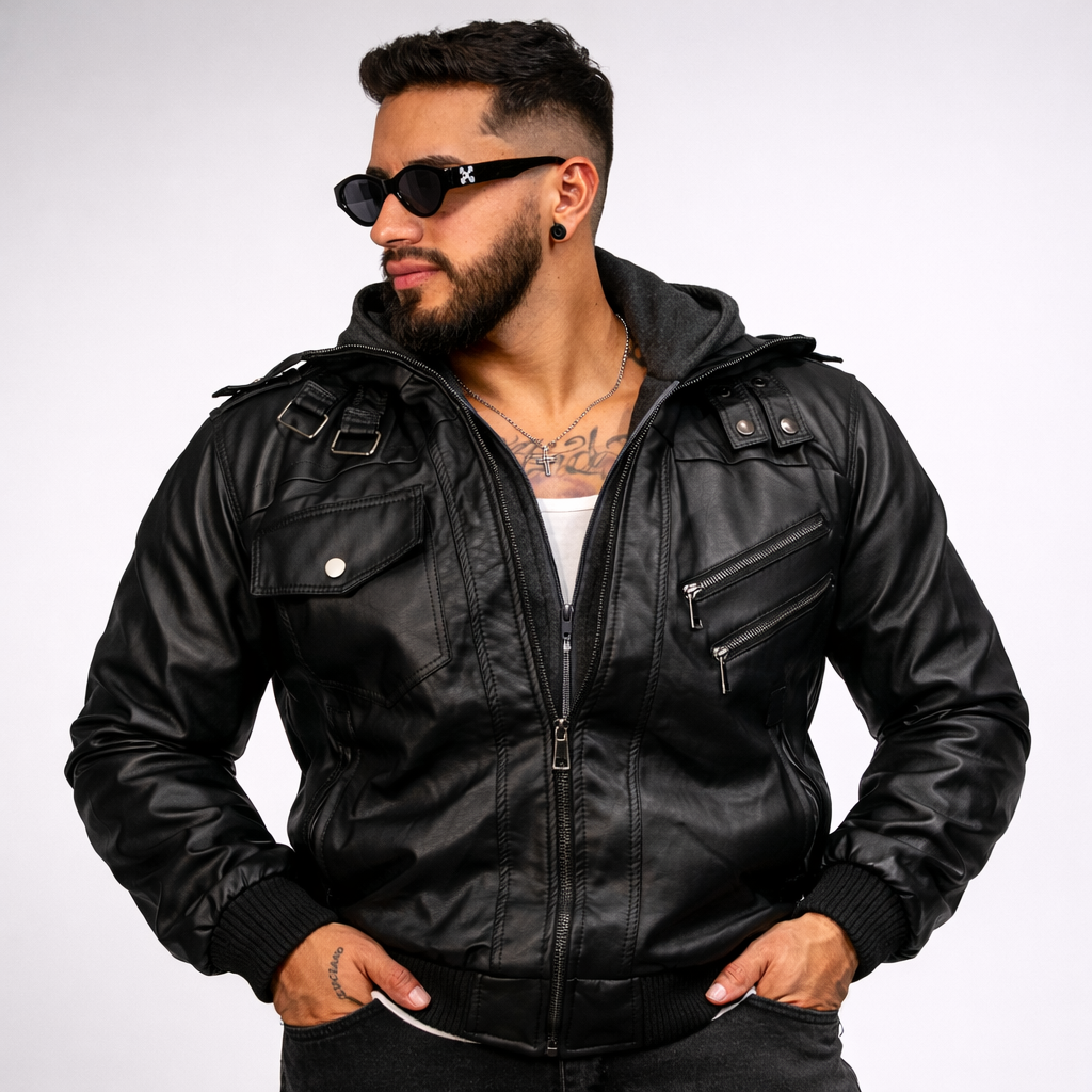 Chaqueta Motera Rust con Capucha – Cuero Sintético Premium Negra Estilo Biker 🔥 Envío Gratis